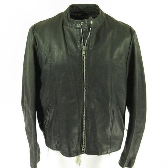 Vtg 70s Brooks Cafe Racer Leather Jacket 42 Black
